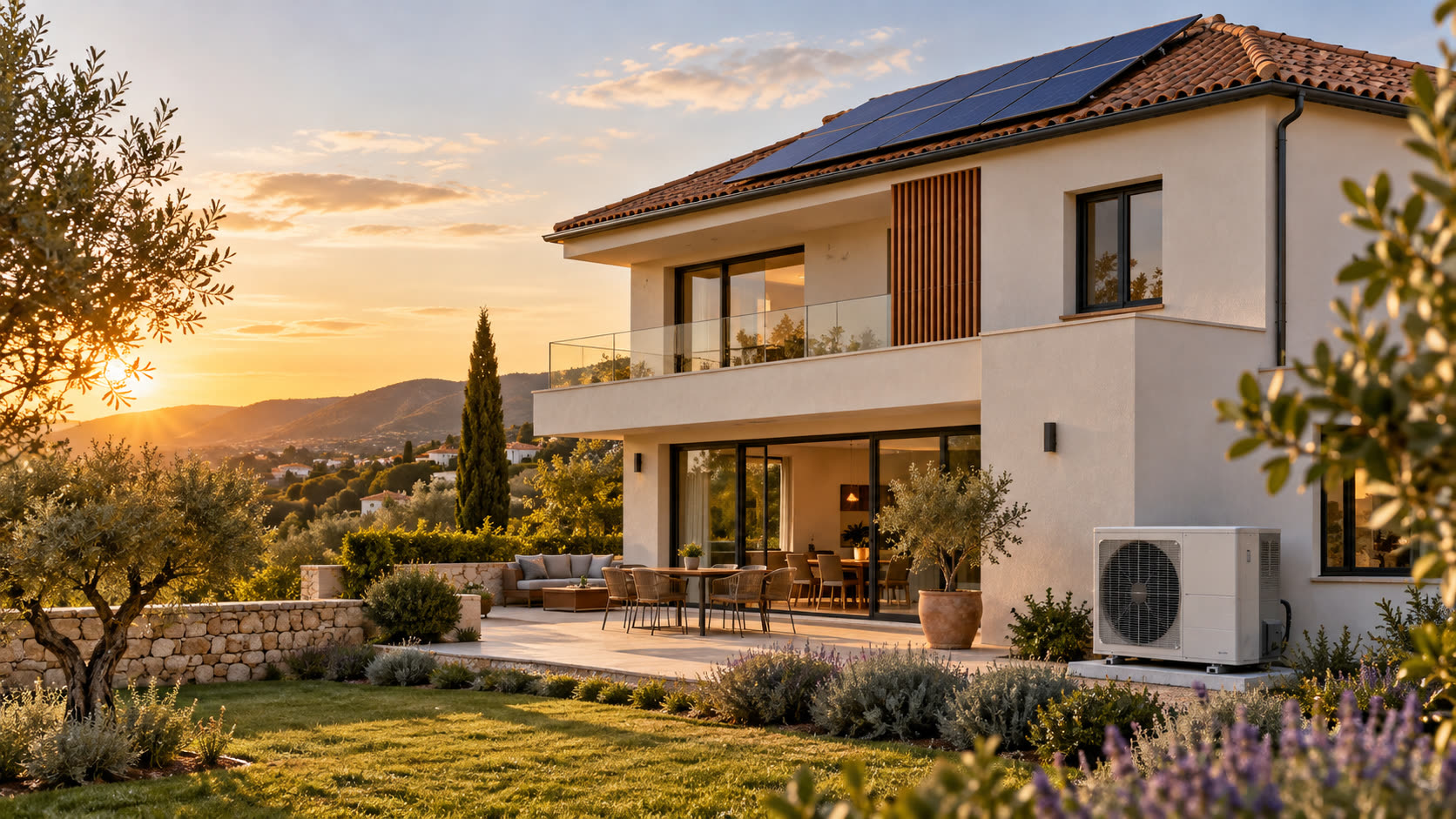 Casa unifamiliar española con placas solares en el tejado y unidad de aerotermia